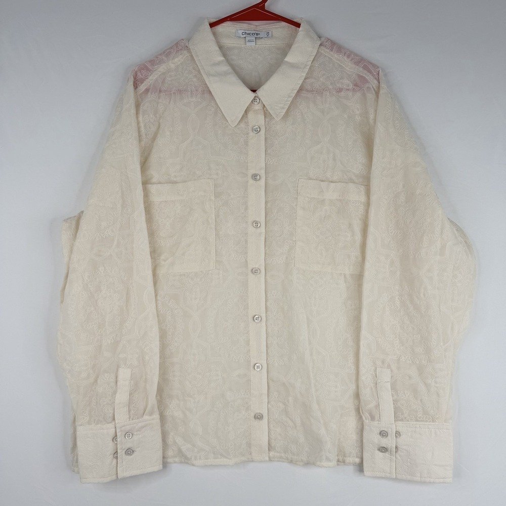 Chicos Women Embroidered Pocket Collared Shirt‎ button down SZ-18